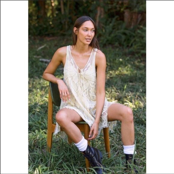 Free People La Palma Trapeze Mini Semi Sheer Dress NWT Large boho RARE - Picture 1 of 10